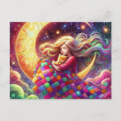 Kleurrijke Quilt Sleeping Girl & Crescent Moon Briefkaart (Voorkant)