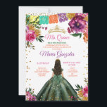 Kleurrijke Quinceañera Emerald Groene Bloem Verjaa Kaart<br><div class="desc">Quinceañera Emerald Groen Goud Kleurrijke Bloemen Verjaardag Kroon Uitnodiging Mis Quince Anos,  15e Verjaardag, </div>