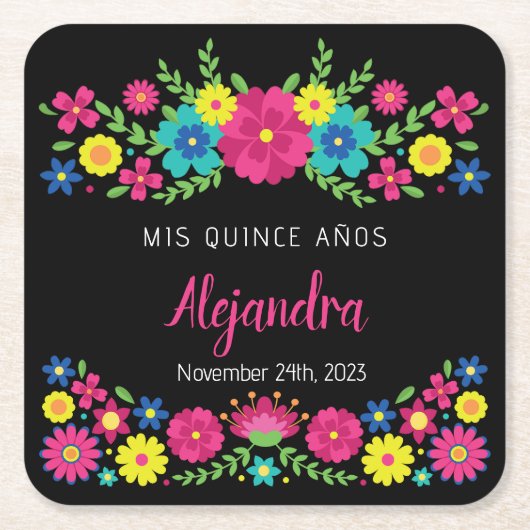 Kleurrijke Quinceañera Mexicaanse bloemen Papieren Kartonnen Onderzetters (Voorkant)