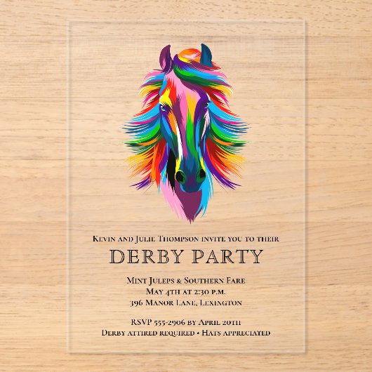 Kleurrijke Racehorse Derby Party Acryl Uitnodigingen (Voorkant)