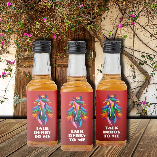 Kleurrijke Racehorse Talk Derby to Me Mini Likeurfles Etiket