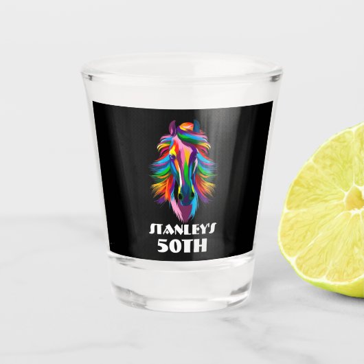 Kleurrijke Racehorse Verjaardag Shot Glas (Voorkant)
