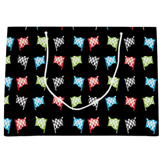 Kleurrijke Racing Vlaggen op Zwart Verjaardagsfees Groot Cadeauzakje (Voorkant)