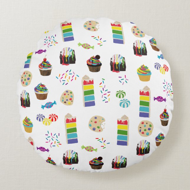 Kleurrijke Rainbow Cake Desserts & Sprinkles Patro Rond Kussen (Voorkant)
