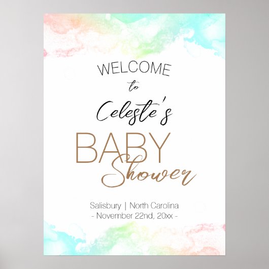Kleurrijke Rainbow Clouds Wit Baby shower Welkom Poster (Voorkant)