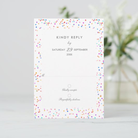 Kleurrijke Rainbow Confetti bruiloft RSVP Kaart (Staand voorkant)