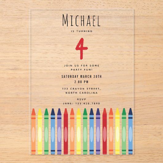Kleurrijke Rainbow Crayons Kids Verjaardagsfeestje Acryl Uitnodigingen (Voorkant)