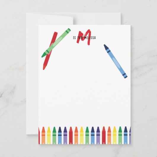 Kleurrijke Rainbow Crayons Schattige Monogram Kind Notitiekaartje (Voorkant)