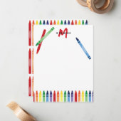 Kleurrijke Rainbow Crayons Schattige Monogram Kind Notitiekaartje (Voorkant / Achterkant in situ)