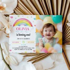 Kleurrijke Rainbow Eerste Verjaardag Foto uitnodig Bedankkaart