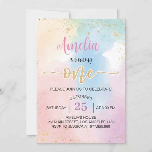 Kleurrijke Rainbow Eerste Verjaardag Uitnodiging (Voorkant)