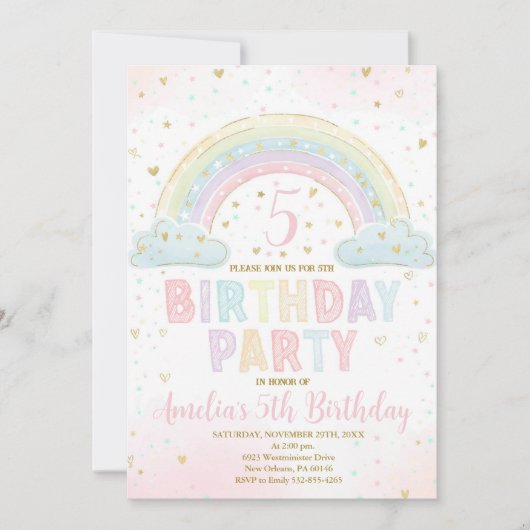 Kleurrijke Rainbow Girl's Party Invite, Rainbow Kaart (Voorkant)