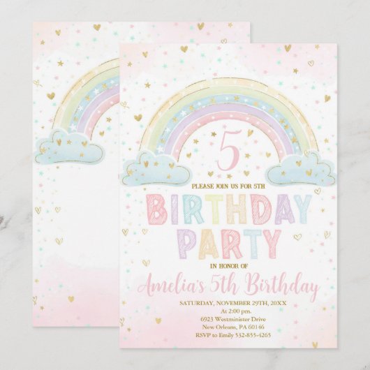 Kleurrijke Rainbow Girl's Party Invite, Rainbow Kaart (Voorkant / Achterkant)