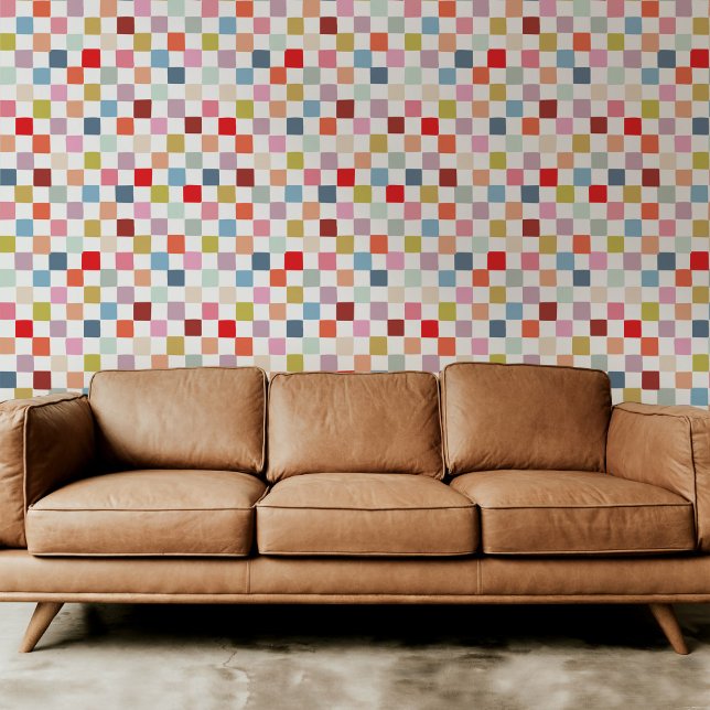 Kleurrijke Rainbow Hand-getrokken geruite geruite  Behang (Colorful rainbow hand-drawn checkers modern peel and stick wallpaper.)