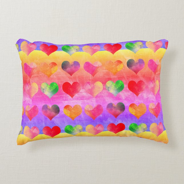 Kleurrijke Rainbow Hearts Boho Art Accent Kussen (Voorkant)