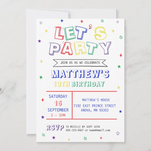 Kleurrijke Rainbow Let's Party Boy Verjaardag Kaart (Voorkant)