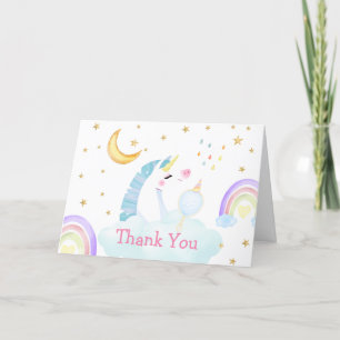 Kleurrijke Rainbow Moon Star Unicorn Baby shower Bedankkaart