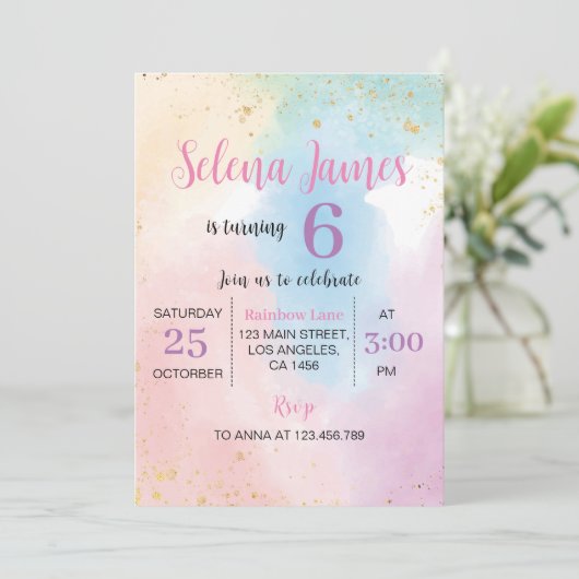 Kleurrijke Rainbow Pastel Verjaardag uitnodiging (Staand voorkant)
