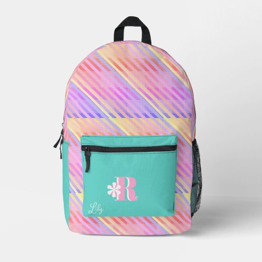 Kleurrijke Rainbow Plaid Monogram Naam Meisjes Bedrukte Rugzak (Voorkant)