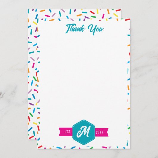 Kleurrijke Rainbow Sprinkles Retro Monogram Bedankkaart (Voorkant / Achterkant)