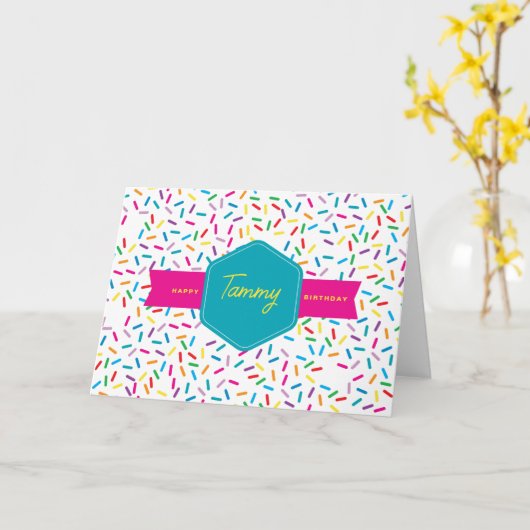 Kleurrijke Rainbow Sprinkles verjaardagsfeestje Kaart (Gele Bloem)