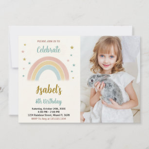 Kleurrijke Rainbow verjaardagsuitnodiging met foto Kaart