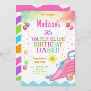 Kleurrijke Rainbow Waterslide Birthday Bash uitnod Kaart