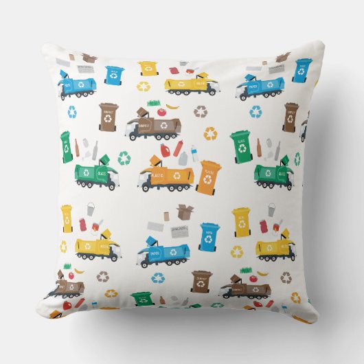 Kleurrijke recycling vuilniswagens en -bakken kussen (Voorkant)