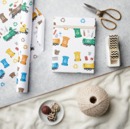 Kleurrijke recyclingvuilniswagens en -bakken cadeaupapier