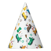 Kleurrijke recyclingvuilniswagens en -bakken feesthoedjes (Achterkant)