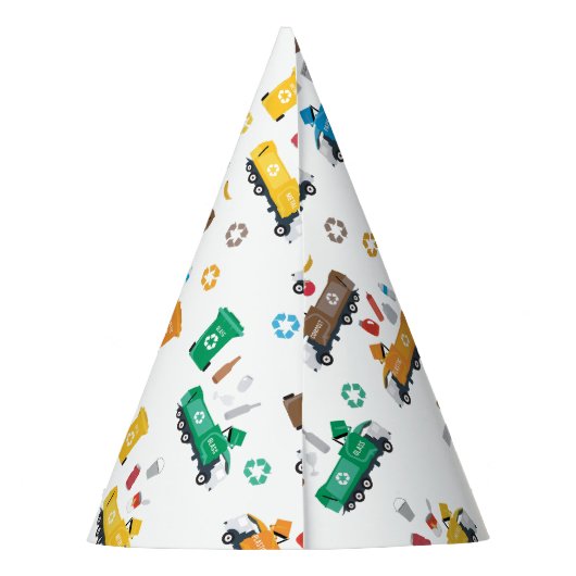 Kleurrijke recyclingvuilniswagens en -bakken feesthoedjes (Achterkant)