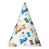 Kleurrijke recyclingvuilniswagens en -bakken feesthoedjes (Links)