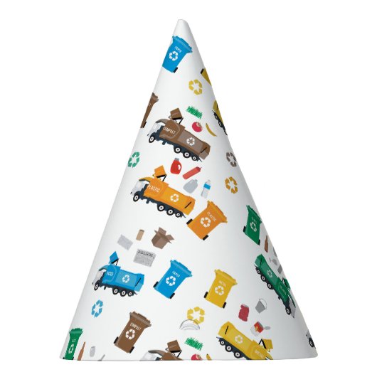 Kleurrijke recyclingvuilniswagens en -bakken feesthoedjes (Rechts)