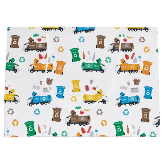 Kleurrijke recyclingvuilniswagens en -bakken groot cadeauzakje (Voorkant)