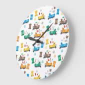 Kleurrijke recyclingvuilniswagens en -bakken grote klok (Hoek)