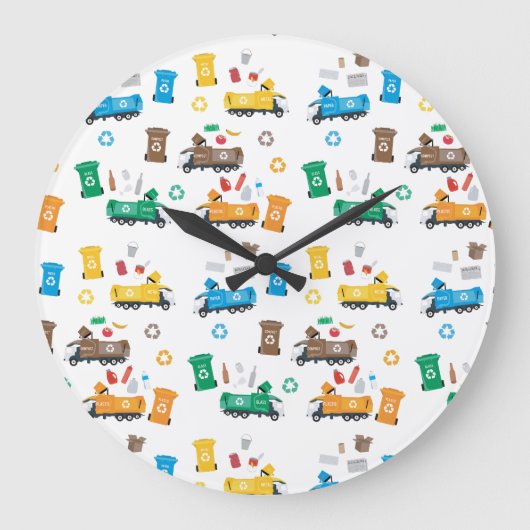 Kleurrijke recyclingvuilniswagens en -bakken grote klok (Voorkant)