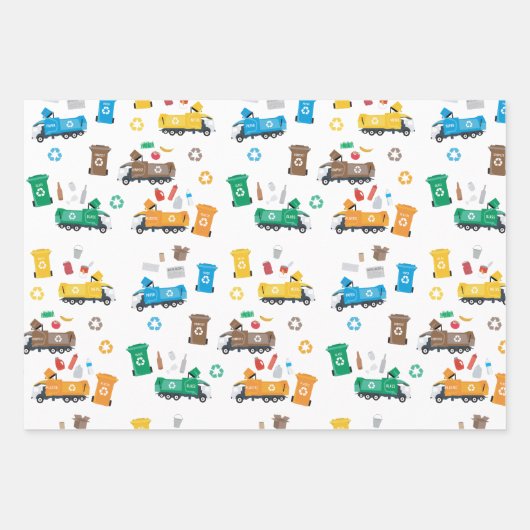 Kleurrijke recyclingvuilniswagens en -bakken inpakpapier vel (Voorkant 3)
