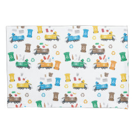 Kleurrijke recyclingvuilniswagens en -bakken kussensloop