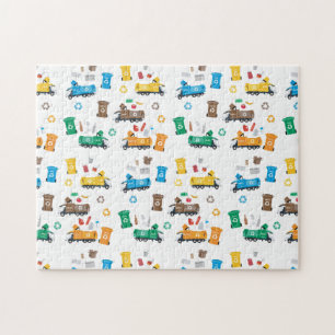 Kleurrijke recyclingvuilniswagens en -bakken legpuzzel