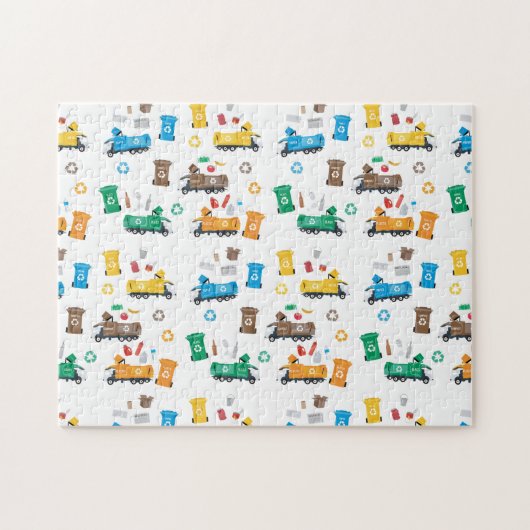 Kleurrijke recyclingvuilniswagens en -bakken legpuzzel (Horizontaal)
