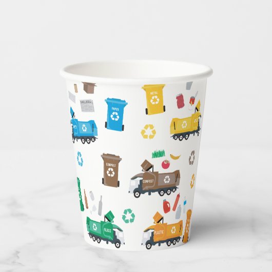 Kleurrijke recyclingvuilniswagens en -bakken papieren bekers (Achterkant)