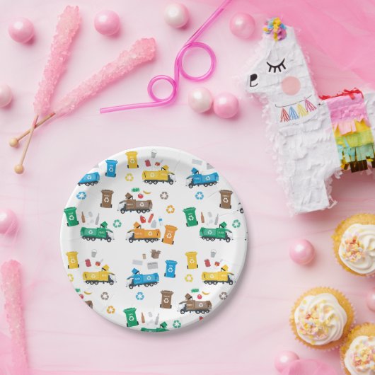 Kleurrijke recyclingvuilniswagens en -bakken papieren bordje (Feest)