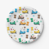 Kleurrijke recyclingvuilniswagens en -bakken papieren bordje (Voorkant)