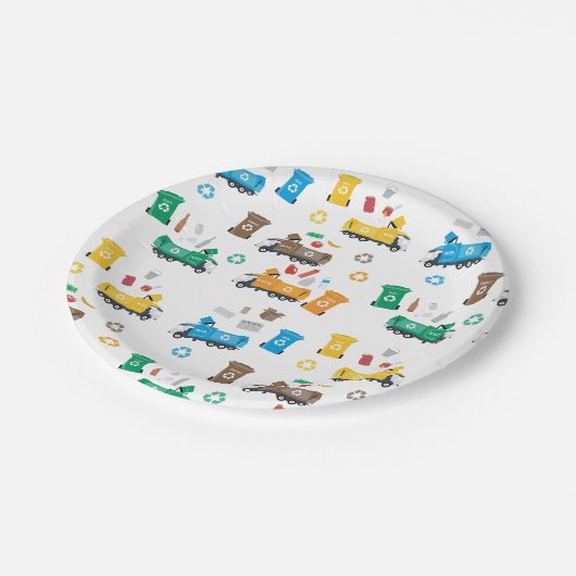 Kleurrijke recyclingvuilniswagens en -bakken papieren bordje (Gekanteld)