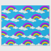 Kleurrijke regenbogen en wolken op blauw cadeaupapier (Vlak)