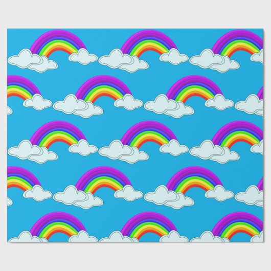 Kleurrijke regenbogen en wolken op blauw cadeaupapier (Vlak)