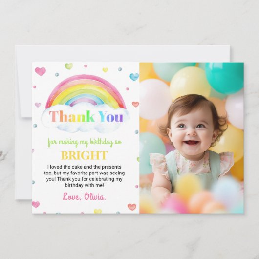 Kleurrijke Regenboog 1e Verjaardag Dank u kaart (Voorkant)
