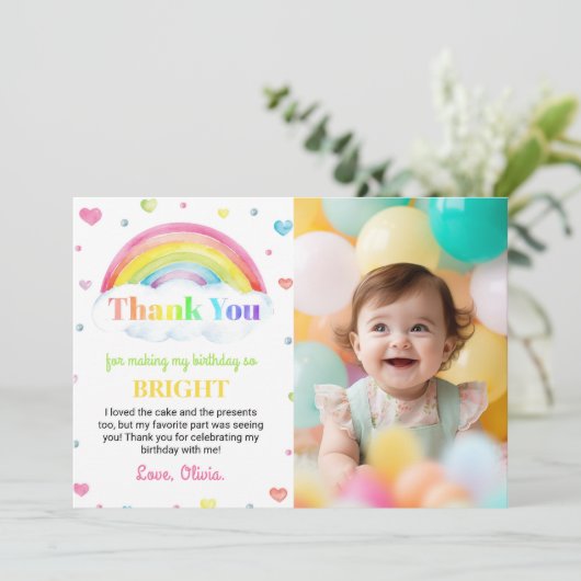 Kleurrijke Regenboog 1e Verjaardag Dank u kaart (Staand voorkant)