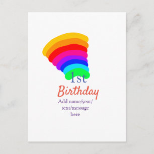 Kleurrijke regenboog 1e verjaardag voeg datum naam briefkaart