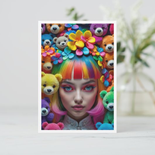 Kleurrijke regenboog anime meisje met bloemen en B Bedankkaart (Staand voorkant)